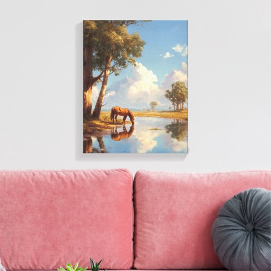 Sunny Pond Horse Reflection Painting Canvas Afdruk (Insitu (Woonkamer))