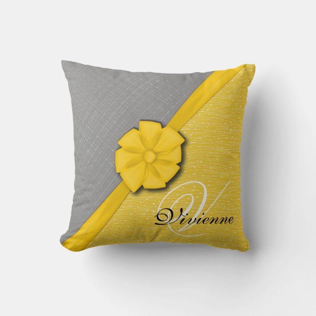 Sunny Ribbon, twee Tone Yellow Waves Grey Fabric Kussen (Voorkant)