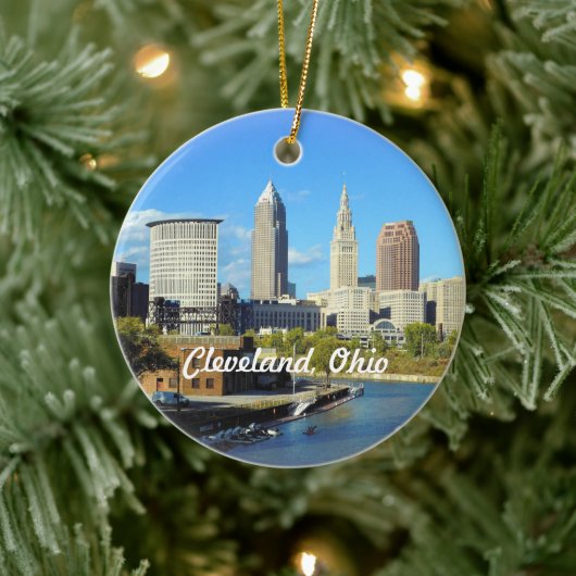 Sunny River Skyline Cleveland Keramisch Ornament (Boom)