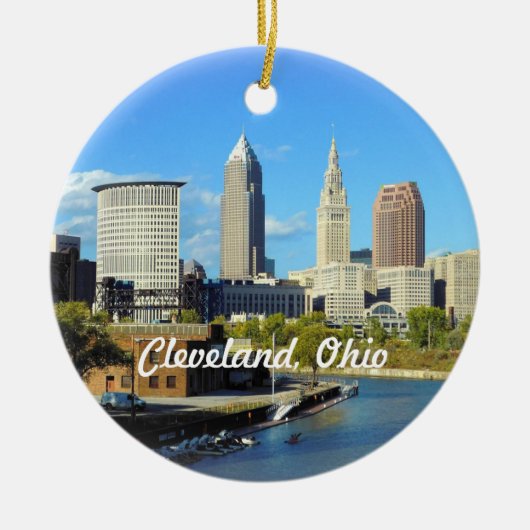 Sunny River Skyline Cleveland Keramisch Ornament (Voorkant)