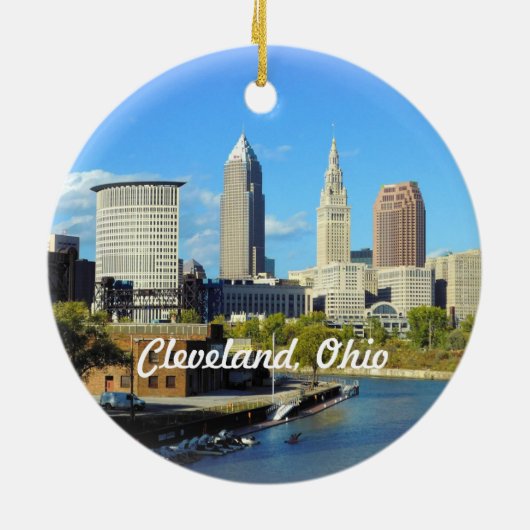 Sunny River Skyline Cleveland Keramisch Ornament (Achterkant)