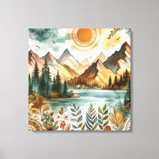 Sunny Rustic Boho Nature Pattern Mountain Lake Canvas Afdruk (Voorkant)