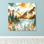 Sunny Rustic Boho Nature Pattern Mountain Lake Canvas Afdruk (Insitu (Houten vloer))