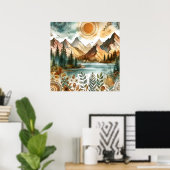 Sunny Rustic Boho Nature Pattern Mountain Lake Poster (Thuiskantoor)