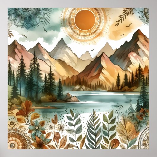 Sunny Rustic Boho Nature Pattern Mountain Lake Poster (Voorkant)
