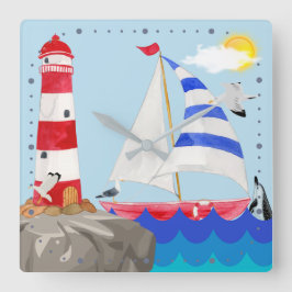 Sunny Sailing Ocean Adventure Sailboat Lighthouse Vierkante Klok