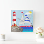 Sunny Sailing Ocean Adventure Sailboat Lighthouse Vierkante Klok (Huis)
