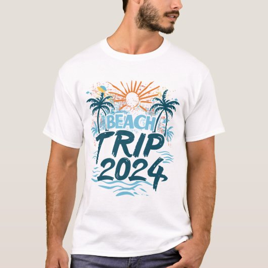 Sunny Shores 2024: Levendige strandtrip herinnerin T-shirt (Voorkant)