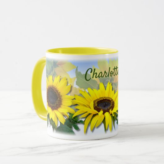 Sunny Sunflower Custom Name Coffee Mok (Voorkant links)
