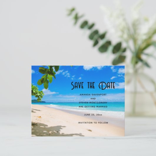 Sunny Tropical Beach Foto Save the Date Uitnodiging Briefkaart (Staand voorkant)