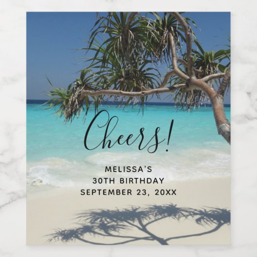 Sunny Tropical Beach Ocean Paradise Birthday Wijn Etiket (Enkel label)