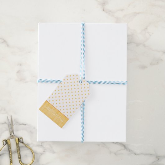 Sunny Whitewash Linen Yellow Polkadots Custom Text Cadeaulabel (Met Touw)