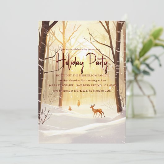 Sunny Winter Bossen en Deer Holiday Party Kaart (Staand voorkant)
