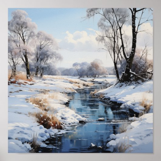 Sunny Winter Field en Stream Outdoor Schilderachti Poster (Voorkant)