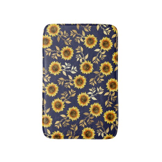 Sunny Yellow Gold Navy Sunflower Leaves Pattern Badmat (Voorkant Verticaal)