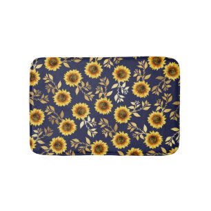 Sunny Yellow Gold Navy Sunflower Leaves Pattern Badmat