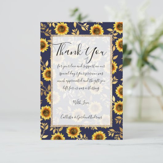 Sunny Yellow Gold Navy Sunflower Leaves Pattern Bedankkaart (Staand voorkant)