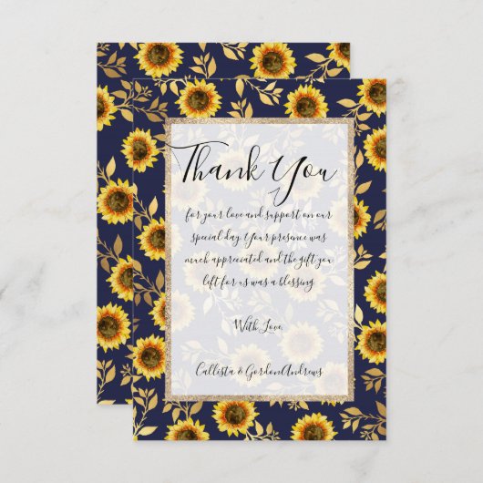 Sunny Yellow Gold Navy Sunflower Leaves Pattern Bedankkaart (Voorkant / Achterkant)