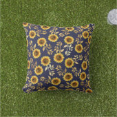 Sunny Yellow Gold Navy Sunflower Leaves Pattern Buitenkussen (Gras)