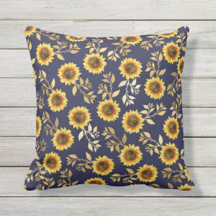 Sunny Yellow Gold Navy Sunflower Leaves Pattern Buitenkussen