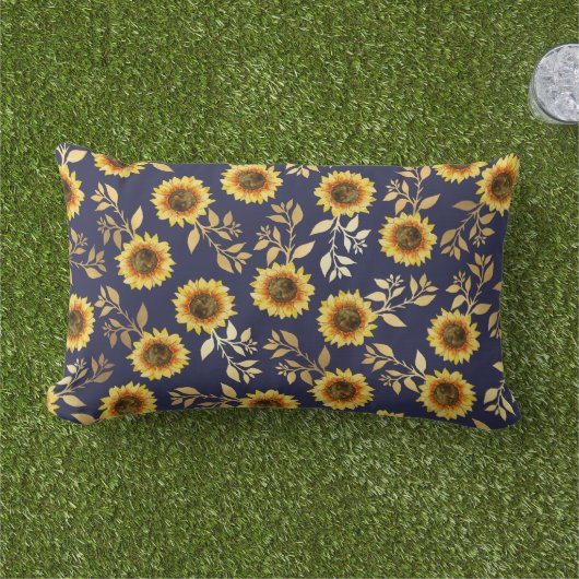 Sunny Yellow Gold Navy Sunflower Leaves Pattern Buitenkussen (Gras)