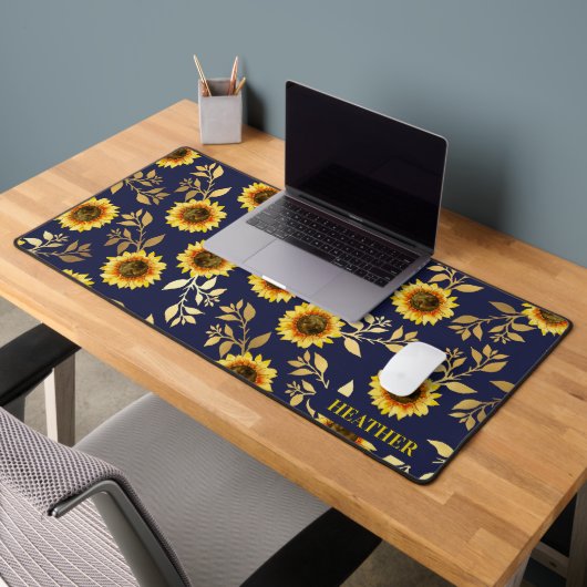 Sunny Yellow Gold Navy Sunflower Leaves Pattern Bureaumat (Kantoor 2)