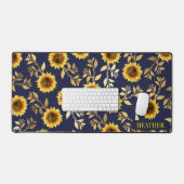 Sunny Yellow Gold Navy Sunflower Leaves Pattern Bureaumat (Keyboard & Muis)