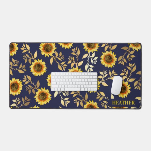 Sunny Yellow Gold Navy Sunflower Leaves Pattern Bureaumat (Keyboard & Muis)