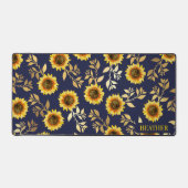 Sunny Yellow Gold Navy Sunflower Leaves Pattern Bureaumat (Voorkant)
