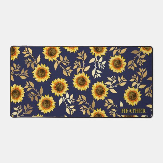 Sunny Yellow Gold Navy Sunflower Leaves Pattern Bureaumat (Voorkant)