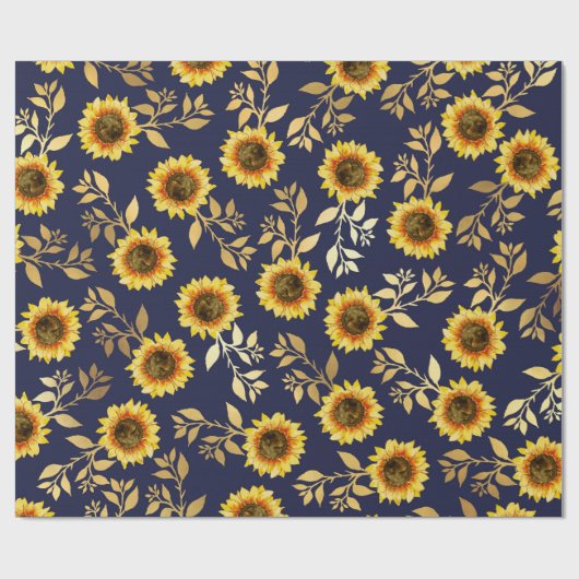 Sunny Yellow Gold Navy Sunflower Leaves Pattern Cadeaupapier (Vlak)
