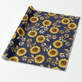 Sunny Yellow Gold Navy Sunflower Leaves Pattern Cadeaupapier (Uitgerold)