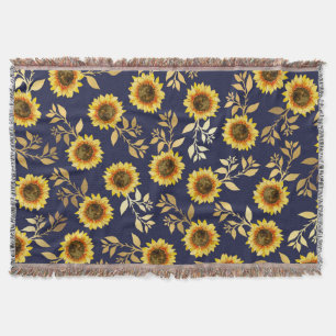 Sunny Yellow Gold Navy Sunflower Leaves Pattern Deken