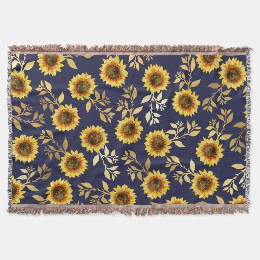 Sunny Yellow Gold Navy Sunflower Leaves Pattern Deken (Voorkant)