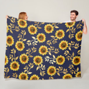 Sunny Yellow Gold Navy Sunflower Leaves Pattern Fleece Deken