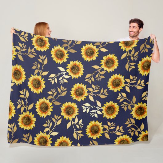 Sunny Yellow Gold Navy Sunflower Leaves Pattern Fleece Deken (In situ)