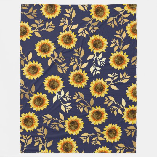 Sunny Yellow Gold Navy Sunflower Leaves Pattern Fleece Deken (Voorkant)