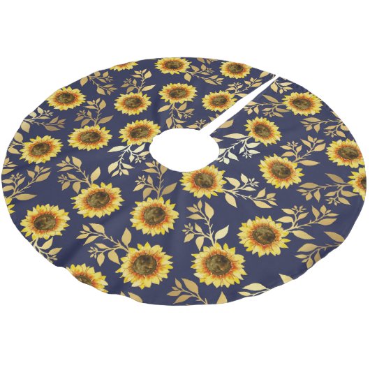 Sunny Yellow Gold Navy Sunflower Leaves Pattern Kerstboom Rok (Gekanteld)