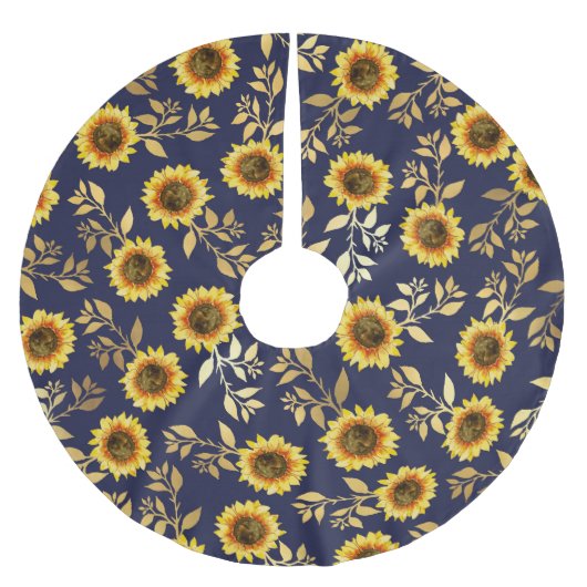 Sunny Yellow Gold Navy Sunflower Leaves Pattern Kerstboom Rok (Voorkant)