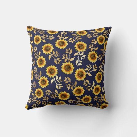 Sunny Yellow Gold Navy Sunflower Leaves Pattern Kussen (Achterkant)