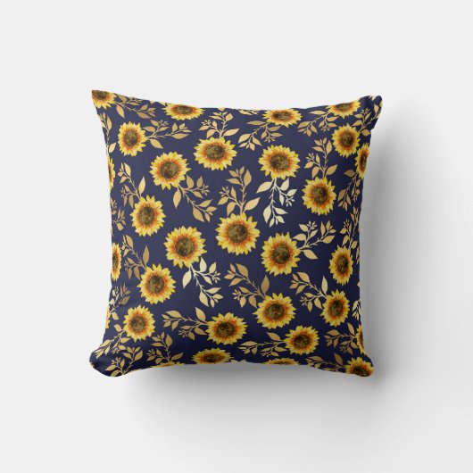 Sunny Yellow Gold Navy Sunflower Leaves Pattern Kussen (Voorkant)