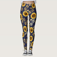 Sunny Yellow Gold Navy Sunflower Leaves Pattern