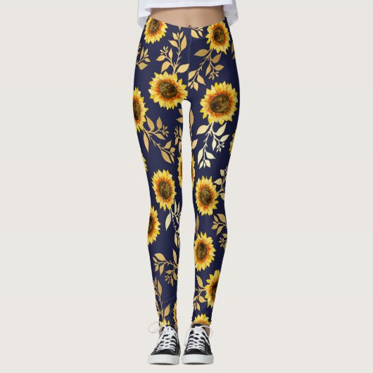 Sunny Yellow Gold Navy Sunflower Leaves Pattern Leggings (Voorkant)