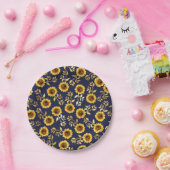 Sunny Yellow Gold Navy Sunflower Leaves Pattern Papieren Bordje (Feest)