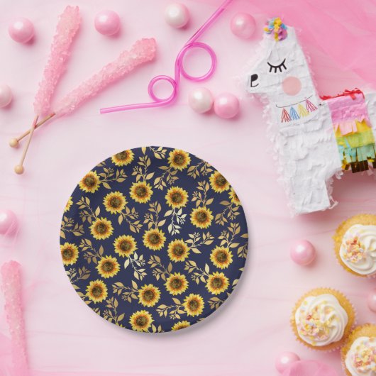 Sunny Yellow Gold Navy Sunflower Leaves Pattern Papieren Bordje (Feest)