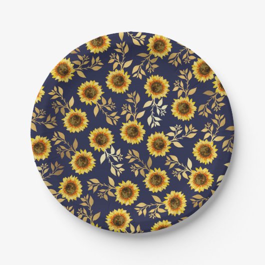Sunny Yellow Gold Navy Sunflower Leaves Pattern Papieren Bordje (Voorkant)