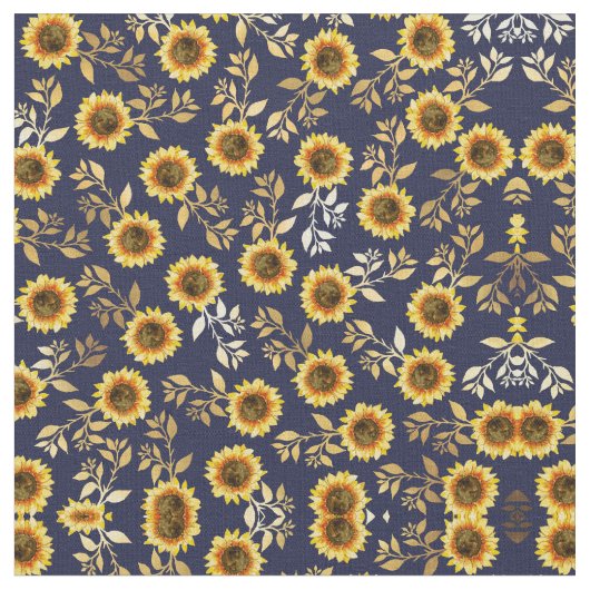 Sunny Yellow Gold Navy Sunflower Leaves Pattern Stof (Close Up)