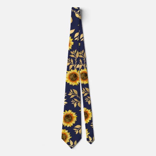 Sunny Yellow Gold Navy Sunflower Leaves Pattern Stropdas (Voorkant)