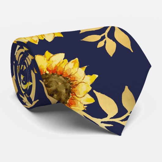 Sunny Yellow Gold Navy Sunflower Leaves Pattern Stropdas (Opgerold)
