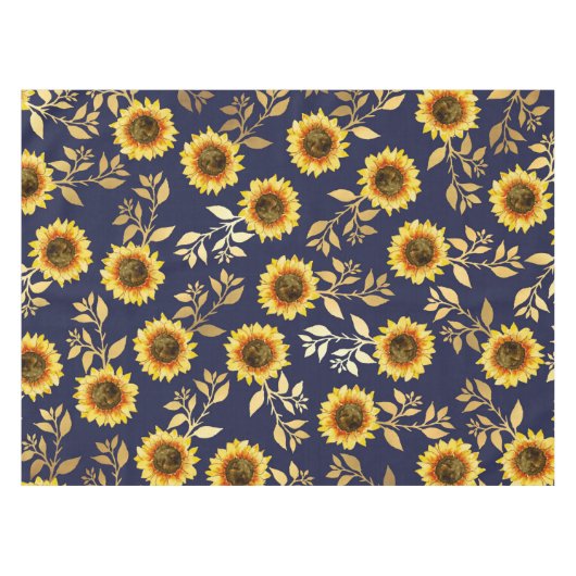 Sunny Yellow Gold Navy Sunflower Leaves Pattern Tafelkleed (Voorkant (Horizontaal))